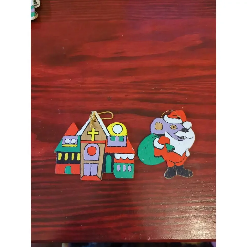 Lot of 12 Vintage Hand Painted Flat Wooden Christmas Ornaments